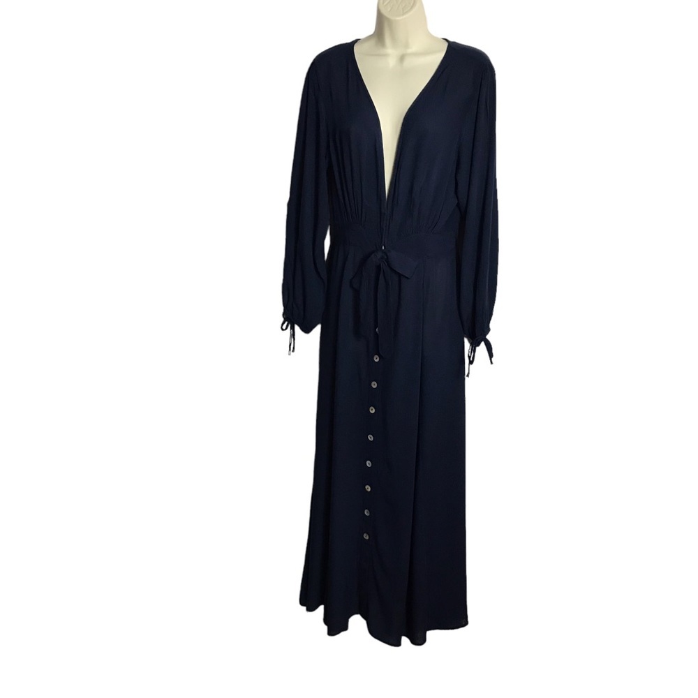 Elan Small Navy‎ Gauze Rayon Smock Waist Midi Shirt Dress Classic Minimalist